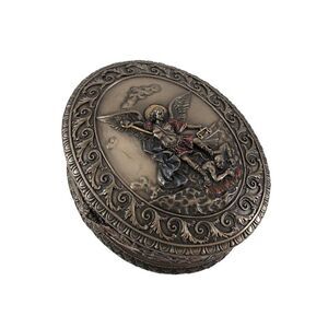 Ornate Bronze St. Michael Bas Relief Oval Trinket Box